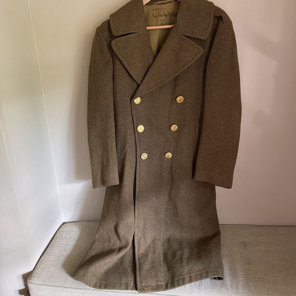 Vintage Military Wool Overcoat Heavy Duty Army Trench Coat Olive Drab 36S
